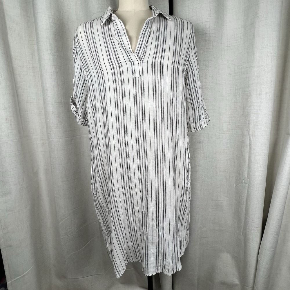 NEW! Velvet Heart Macey Shirt Dress Black White Striped Pockets Medium Linen